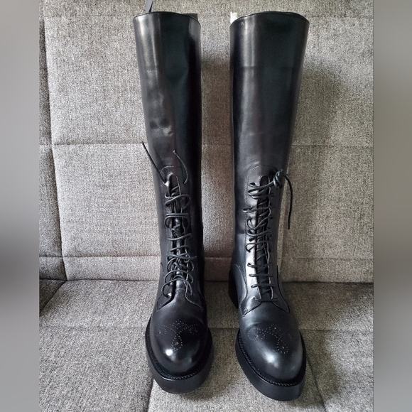 Prada Black Leather Lace Up Knee High Tall Boots Size 36 / US 6 - Picture 1 of 14